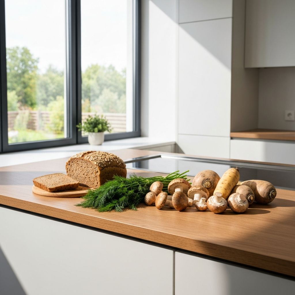 Modern kitchen setting with traditional Polish ingredients, whole grain bread, fresh herbs, mushrooms