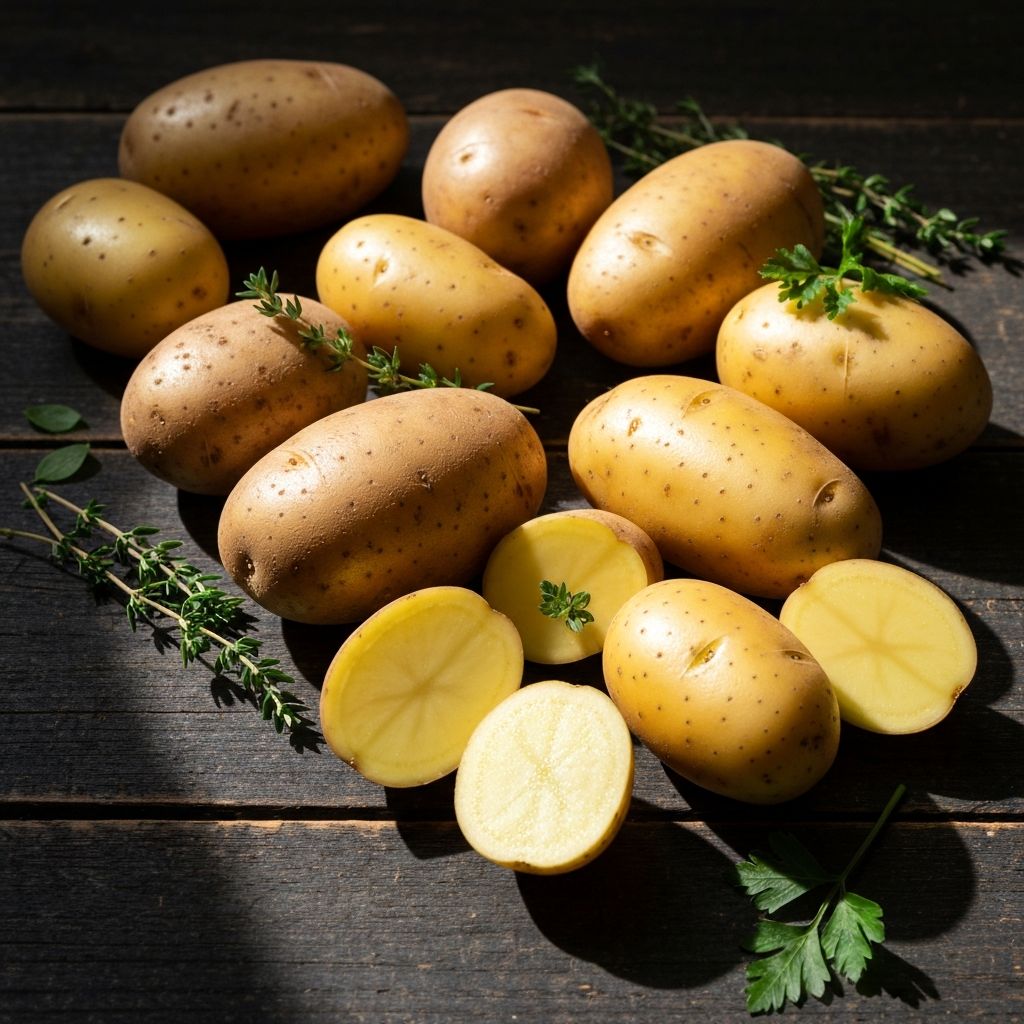 Mix of russet, yellow, and new potatoes with fresh herbs on wooden surface