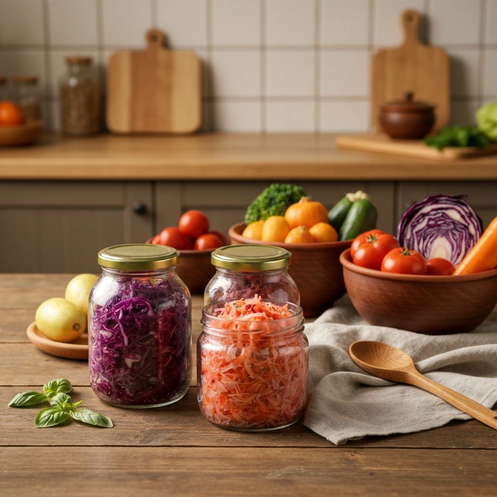 Artisanal sauerkraut and fermented vegetables in glass jars with linen cloth and wooden spoon